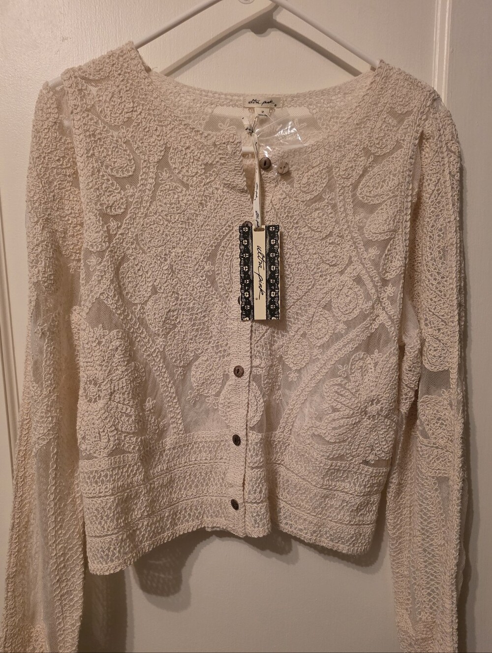 Ultra Pink Cream Embroidered Crochet Lace Cardigan Jacket NWT